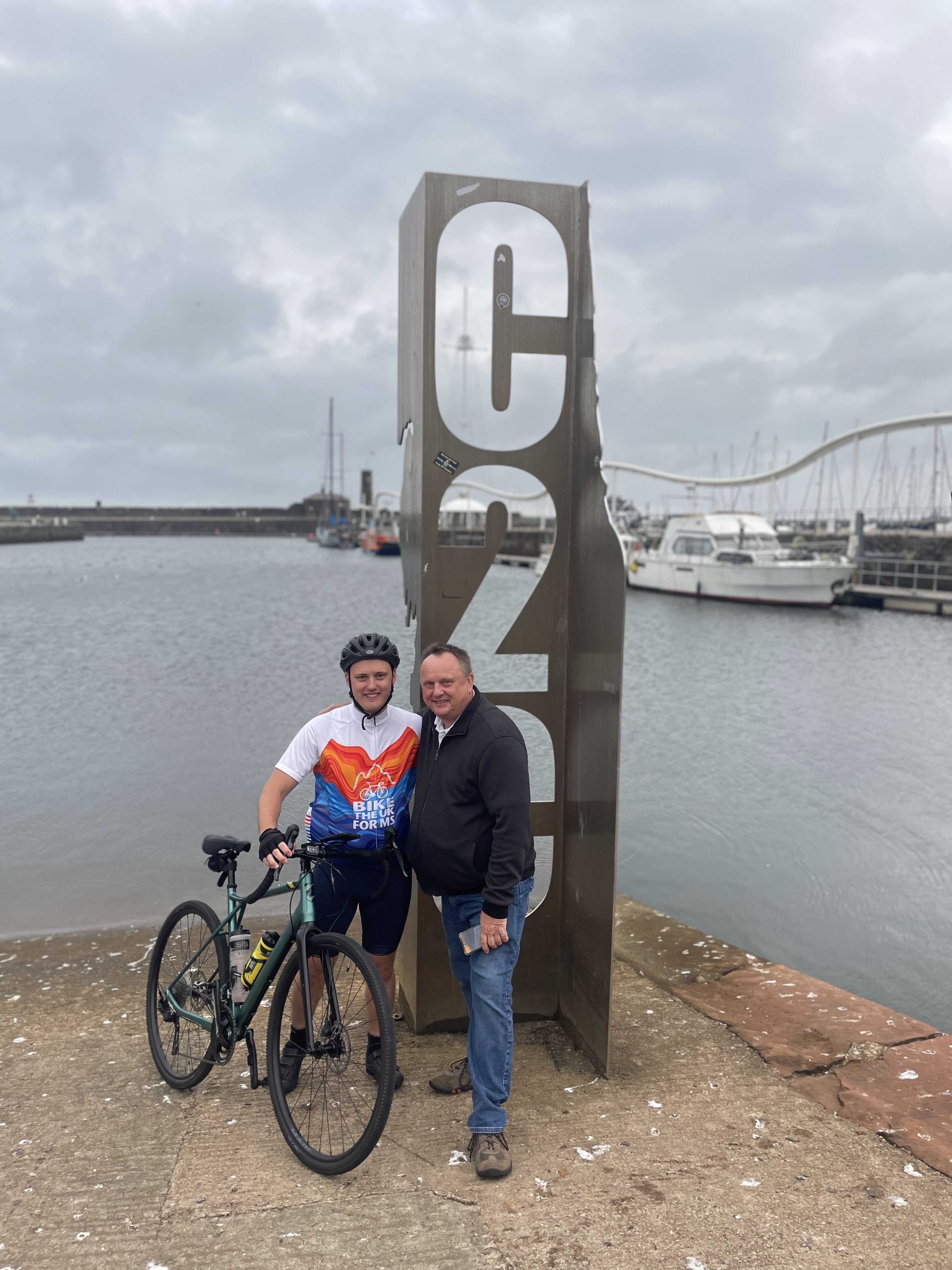 Daniel with his father before his Sea to Sea cycle for MS