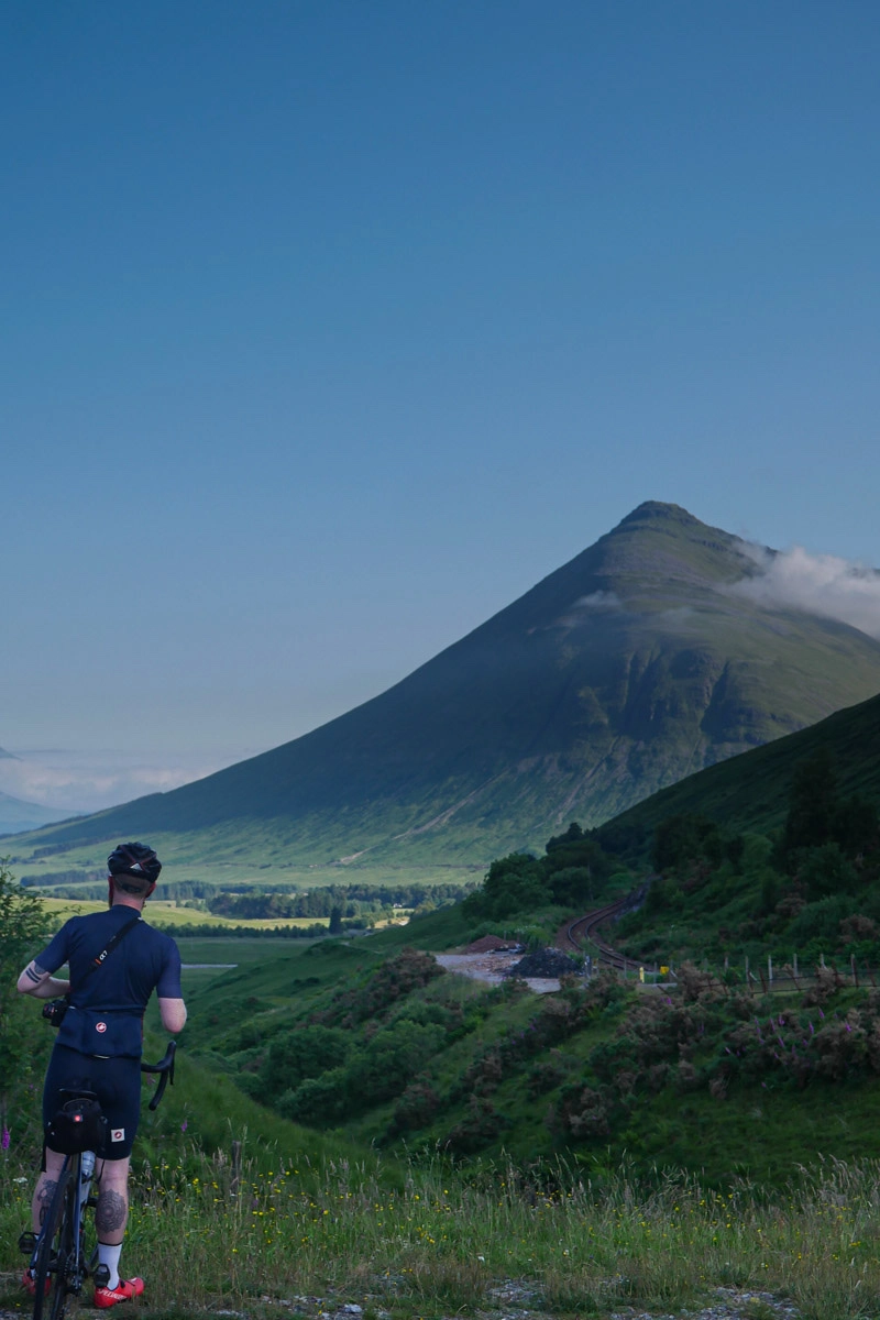 A Bike the UK for MS rider taking in the views of the Scottish Highlands on route from Land's End to John O'Groats.