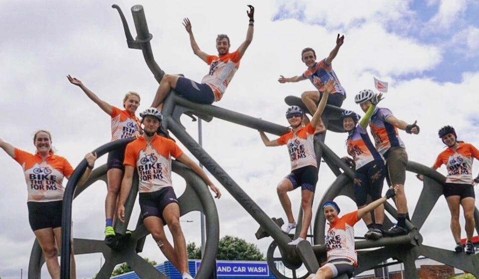 One of our Bike the UK for MS teams celebrating reaching Glasgow on Land's End to John O'Groats.