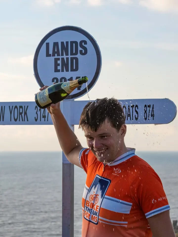 Celebrating finishing John O'Groats to Land's End with Bike the UK for MS.